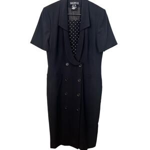 Escada Vintage Wool/Silk Double-Breasted Navy/Polka Dot Sheath Dress Womens 40